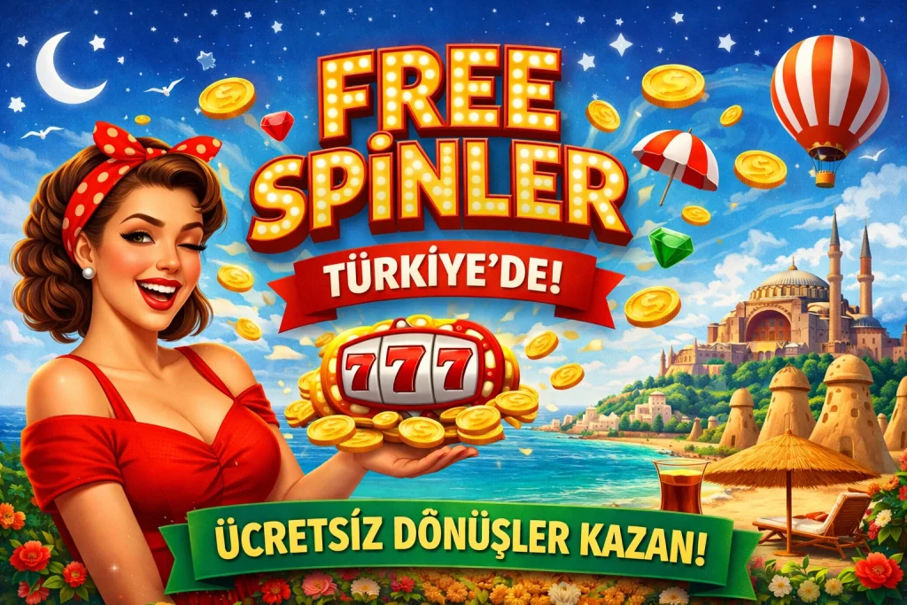 Free spins casino banner for Turkey featuring slot machine